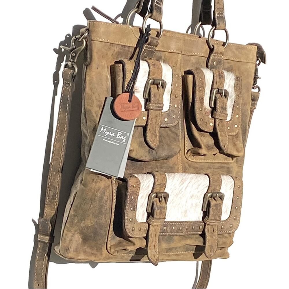 NWT LEATHER CUBE MESA POUCHED CANVAS HAIRON BAG by Myra - Picture 3 of 7